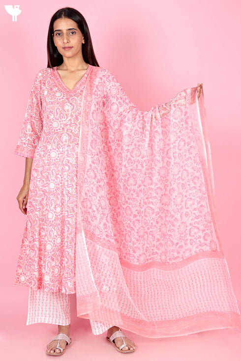 Cotton Kurta And Pant Set With Dupatta In Block Print